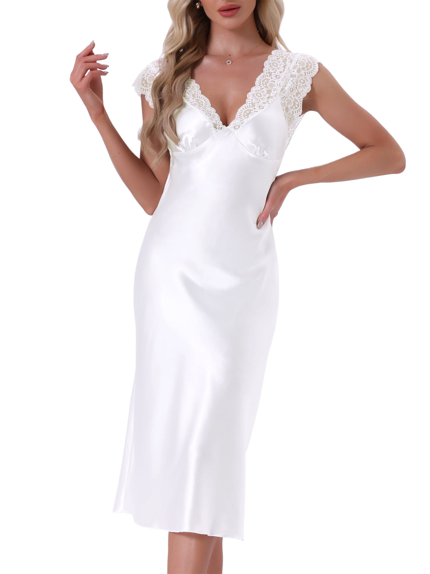 DARING DIVA Women's Satin Tank Lace Trim V-Neck Sleepwear Pajama Dress M White