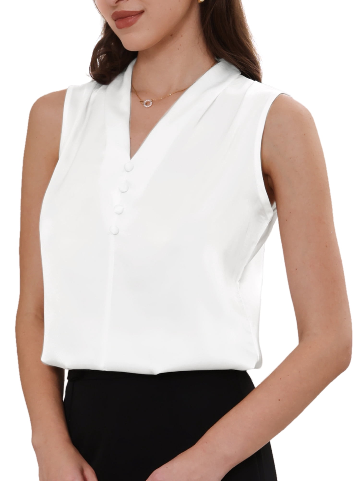 DARING DIVA Women's Satin Tank Top Sleeveless V Neck Business Satin Work Blouse 2XL White