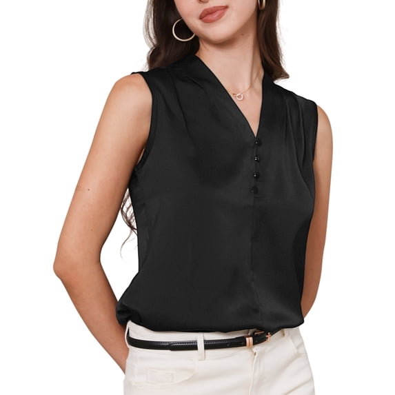 DARING DIVA Women's Satin Tank Top Sleeveless V Neck Business Satin Work Blouse M Black
