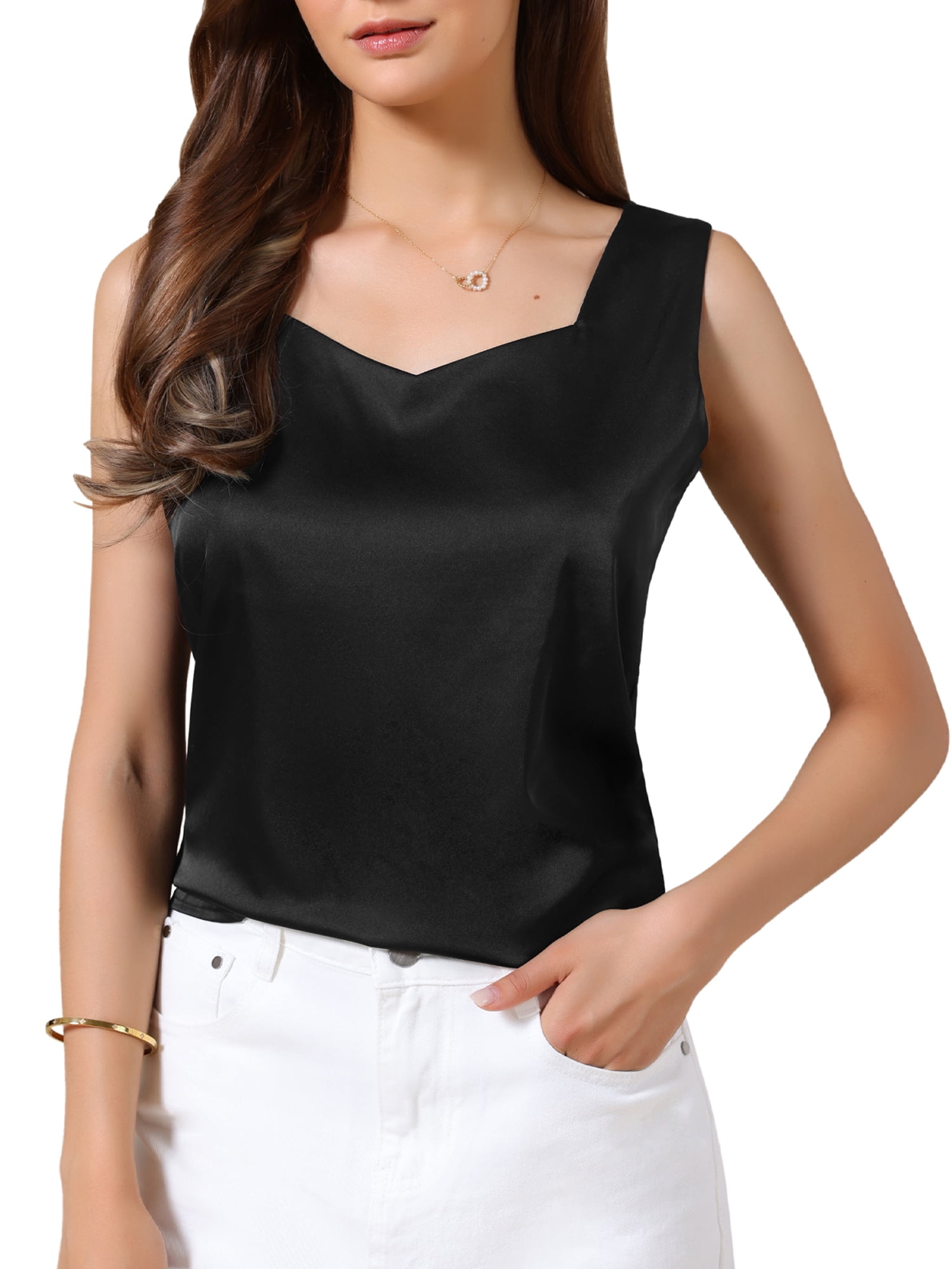 DARING DIVA Women's Satin Tank Tops V Neck Dressy Casual Sleeveless Silk Camisole Top L Black