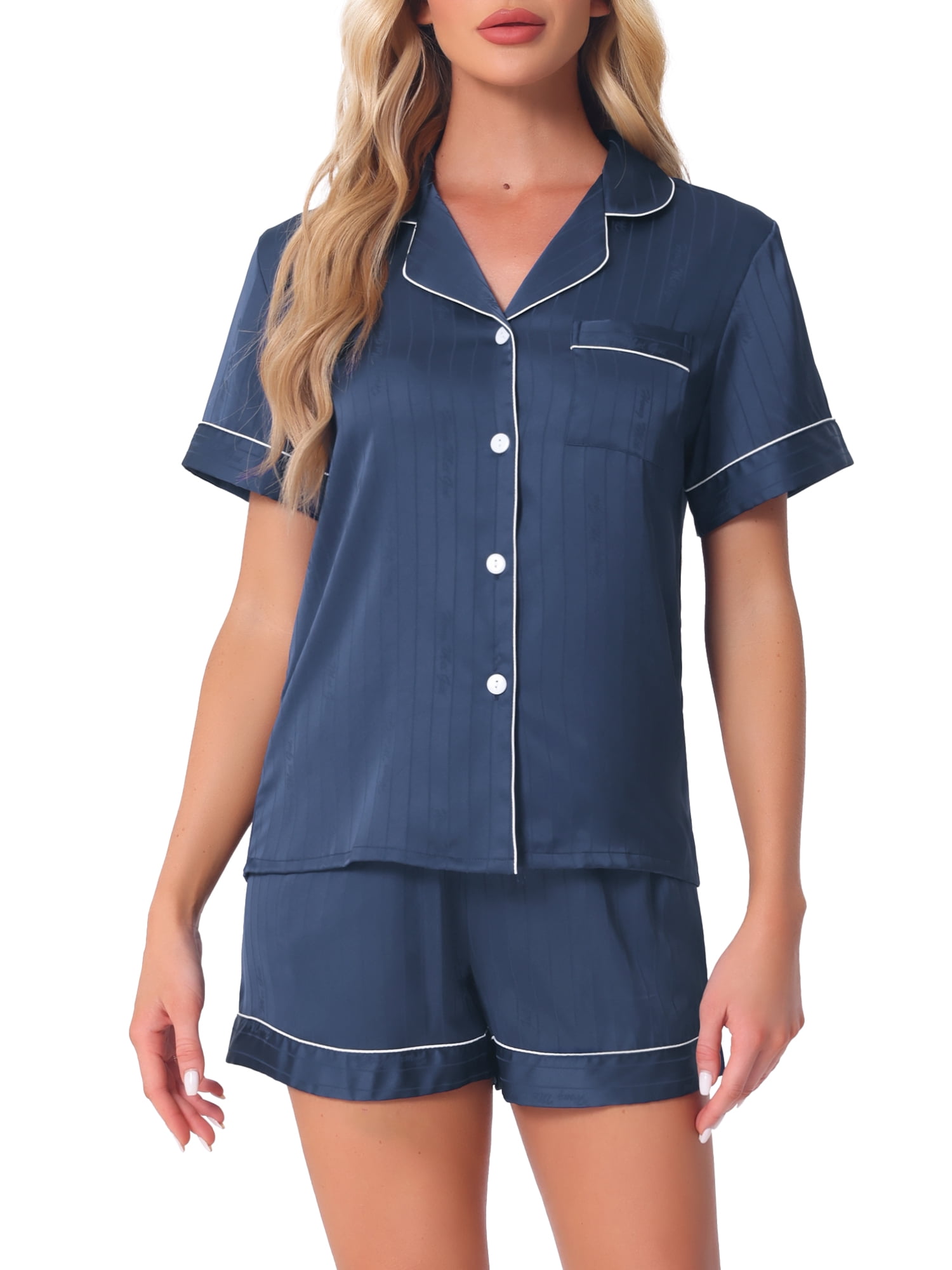 DARING DIVA Women's Satin Top and Shorts Pajama Set M Dark Blue