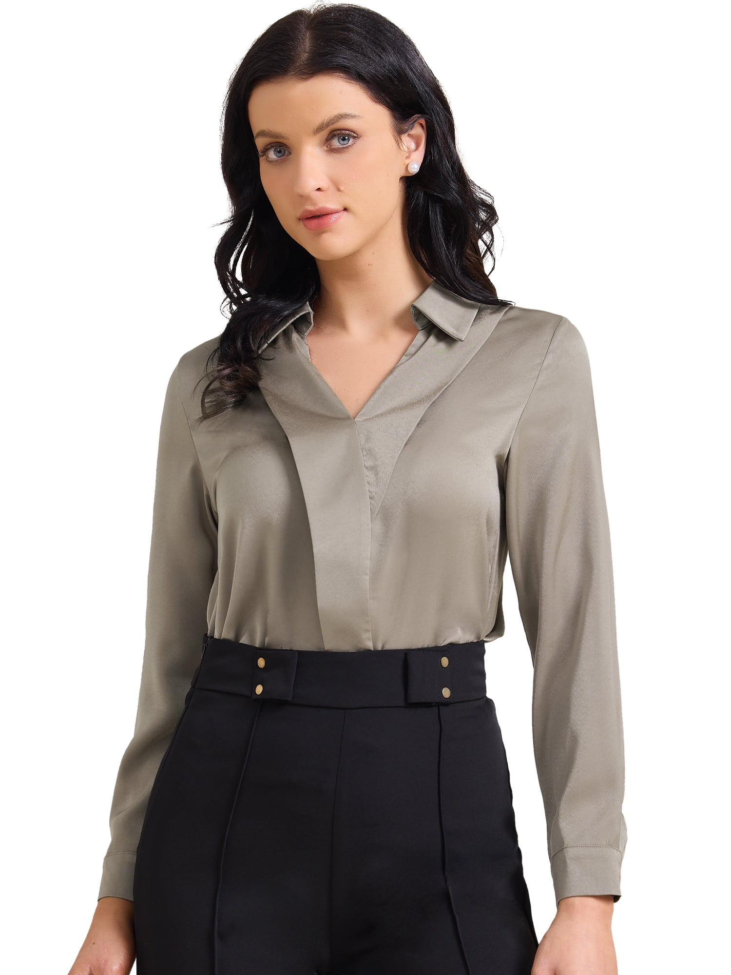 DARING DIVA Women's Satin Work Blouse Collar V Neck Long Sleeve Shirt S Dark Khaki