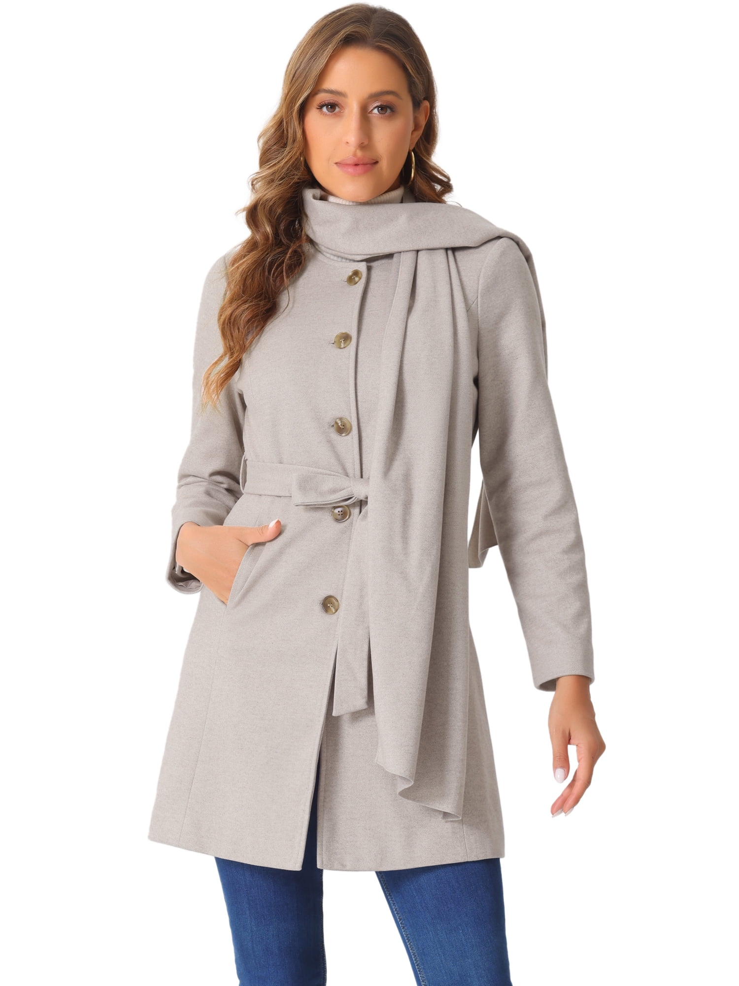 DARING DIVA Women's Scarf Coat Button Down Casual Outwear with Belt Grey S
