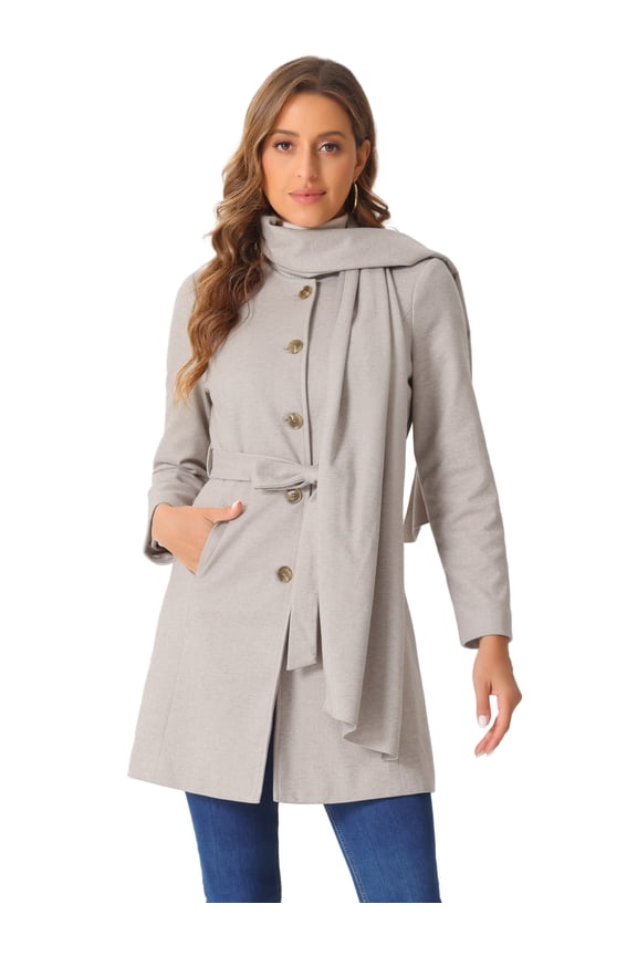 Women's Scarf Coat Button Down Casual Outwear with Belt Grey S