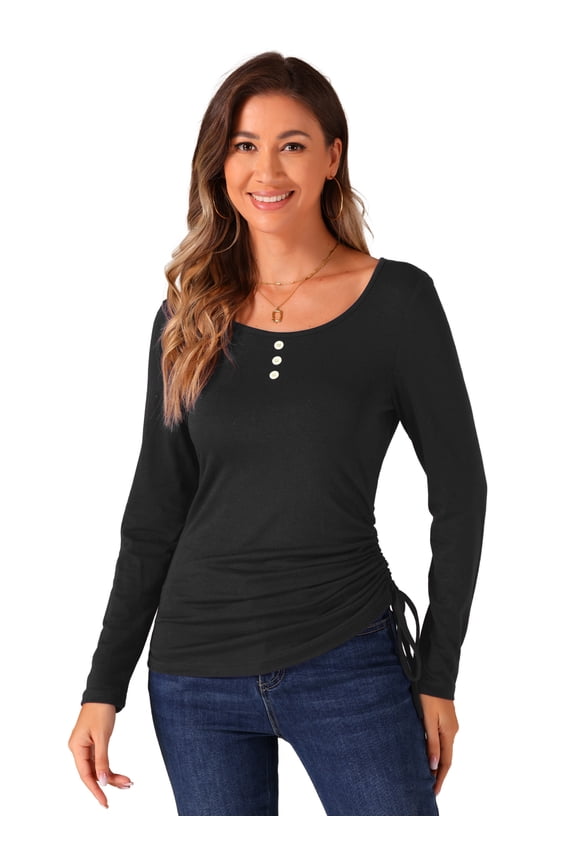 Women's Scoop Neck Button Ruched Drawstring Tops M Black