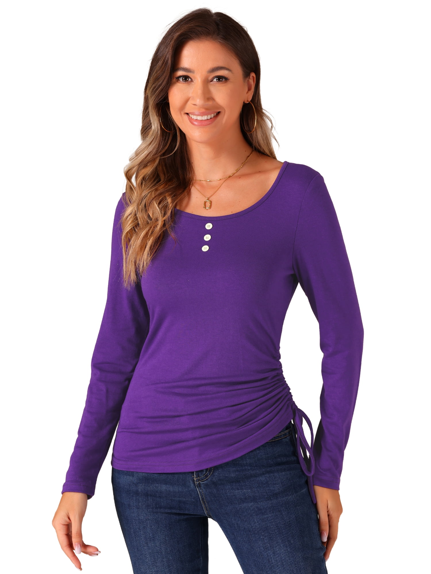 DARING DIVA Women's Scoop Neck Button Ruched Drawstring Tops M Purple