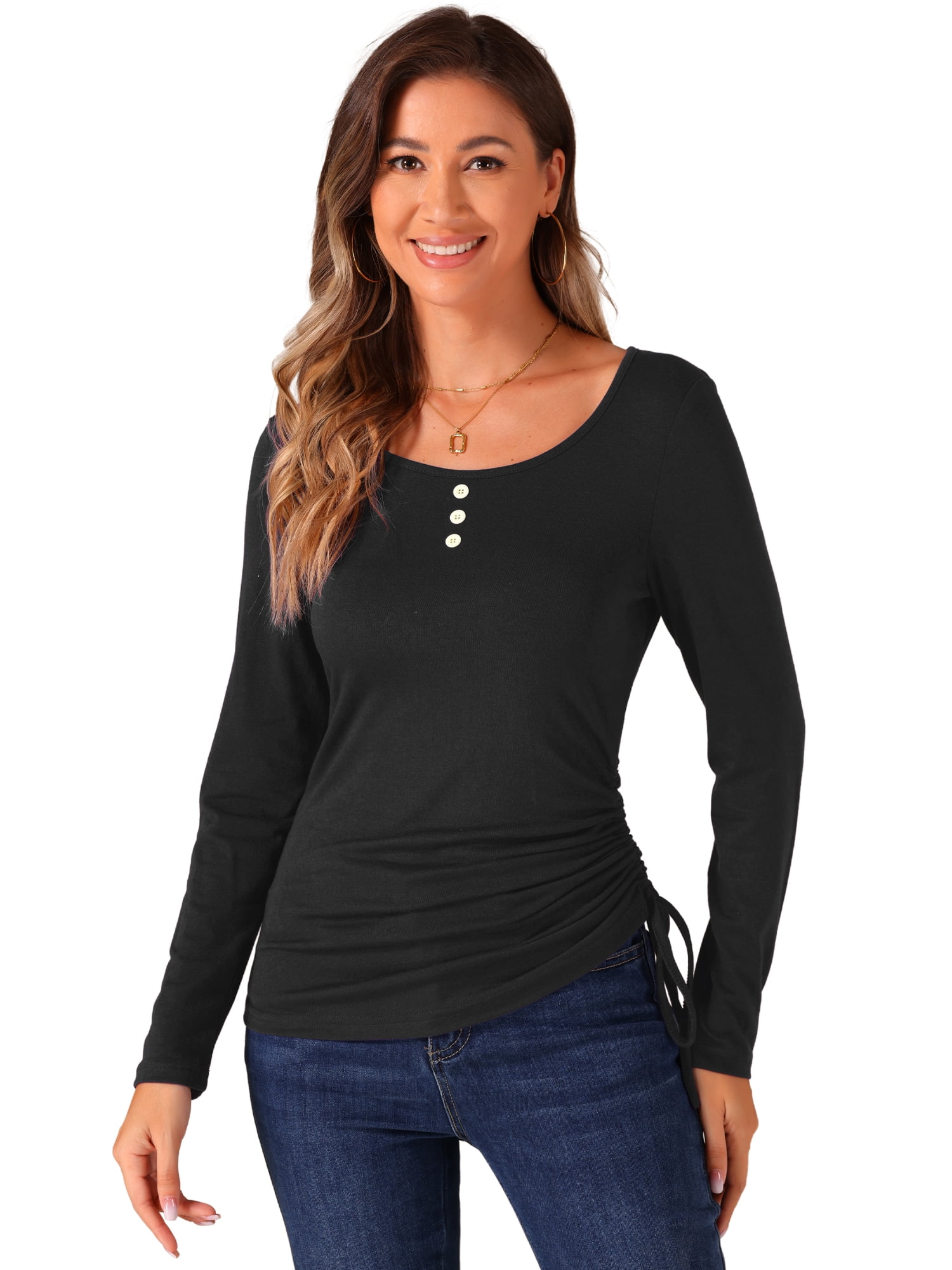 DARING DIVA Women's Scoop Neck Button Ruched Drawstring Tops XL Black