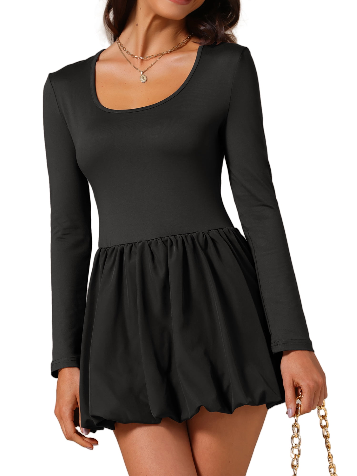 DARING DIVA Women's Scoop Neck Long Sleeve Slim Fit Bubble Skirt Dress M Black