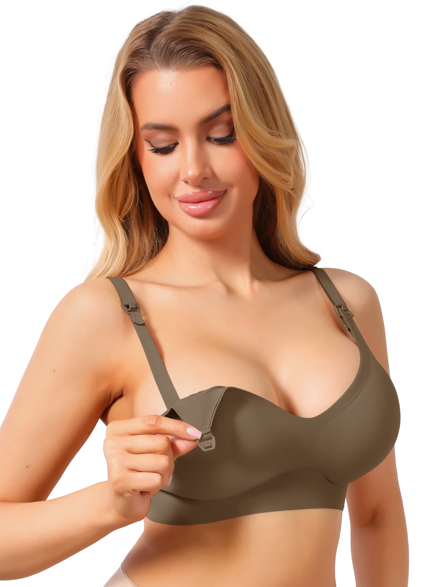 DARING DIVA Women's Seamless Wireless Nursing Bra with Beastfeeding Clasp M Brown