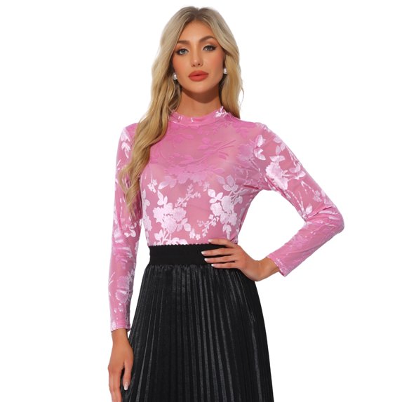 DARING DIVA Women's See Through Mesh Mock Neck Velvet Floral Tee Shirts M Pink