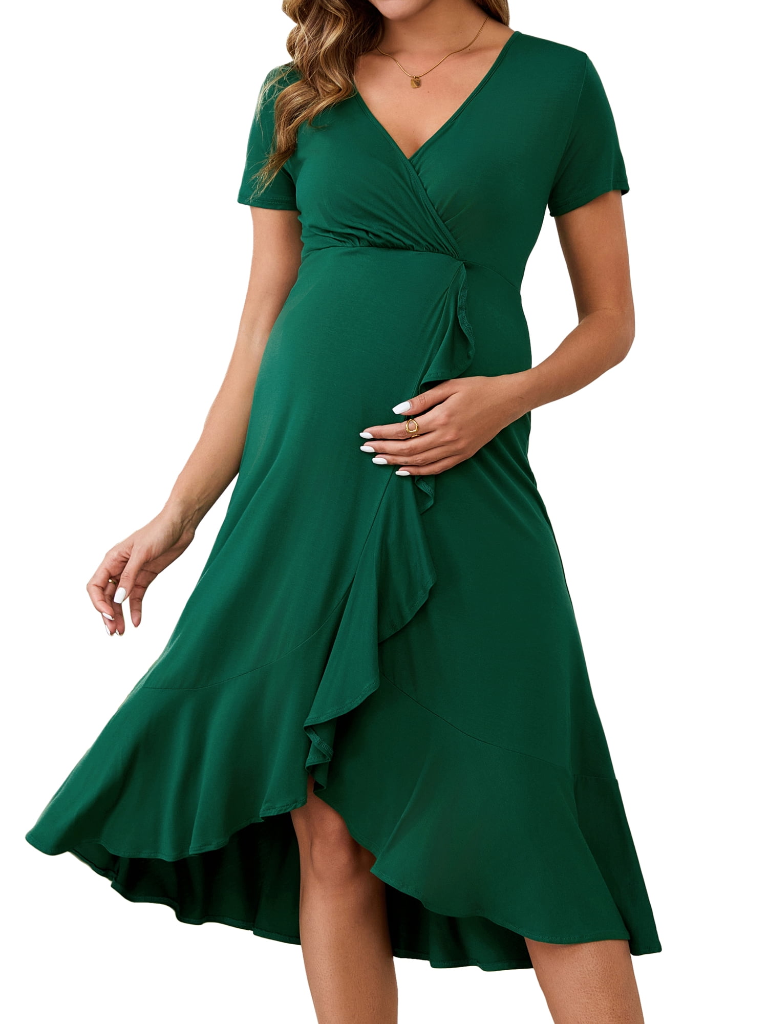 DARING DIVA Women's Semi Formal Wrap V Neck Ruffle Maternity Dress L Deep Green