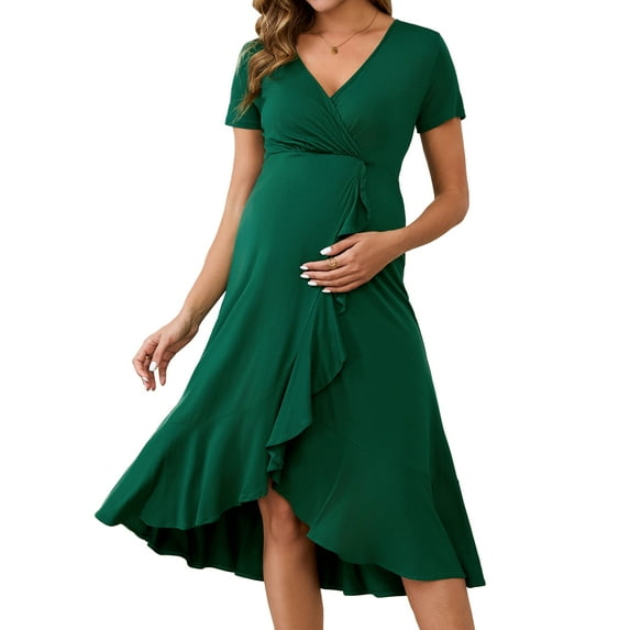 DARING DIVA Women's Semi Formal Wrap V Neck Ruffle Maternity Dress L Deep Green