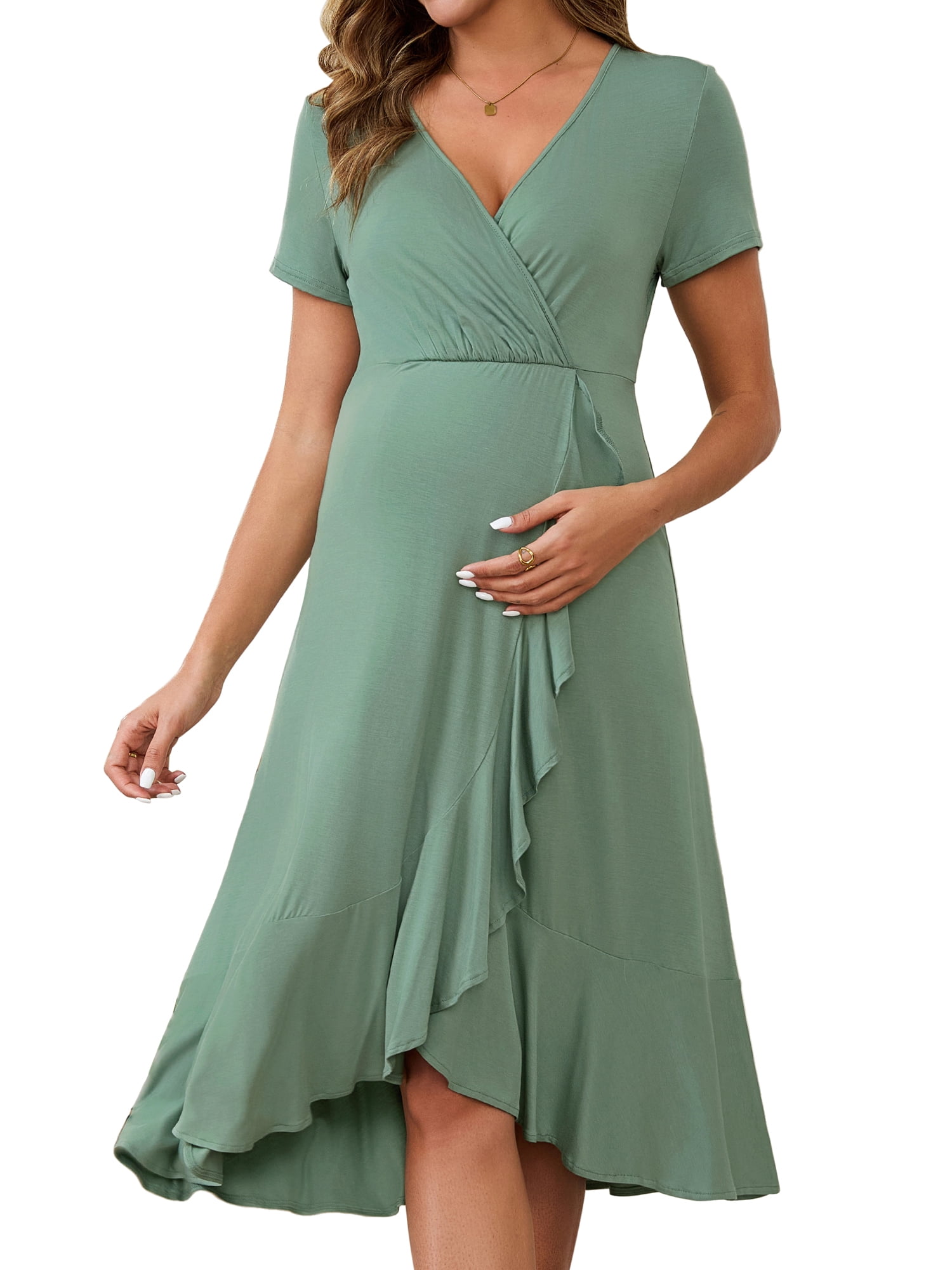 DARING DIVA Women's Semi Formal Wrap V Neck Ruffle Maternity Dress L Grey Green