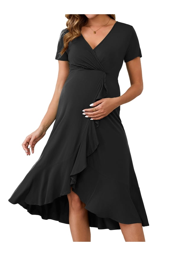 Women's Semi Formal Wrap V Neck Ruffle Maternity Dress M Black