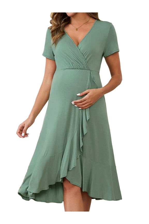 Women's Semi Formal Wrap V Neck Ruffle Maternity Dress S Grey Green