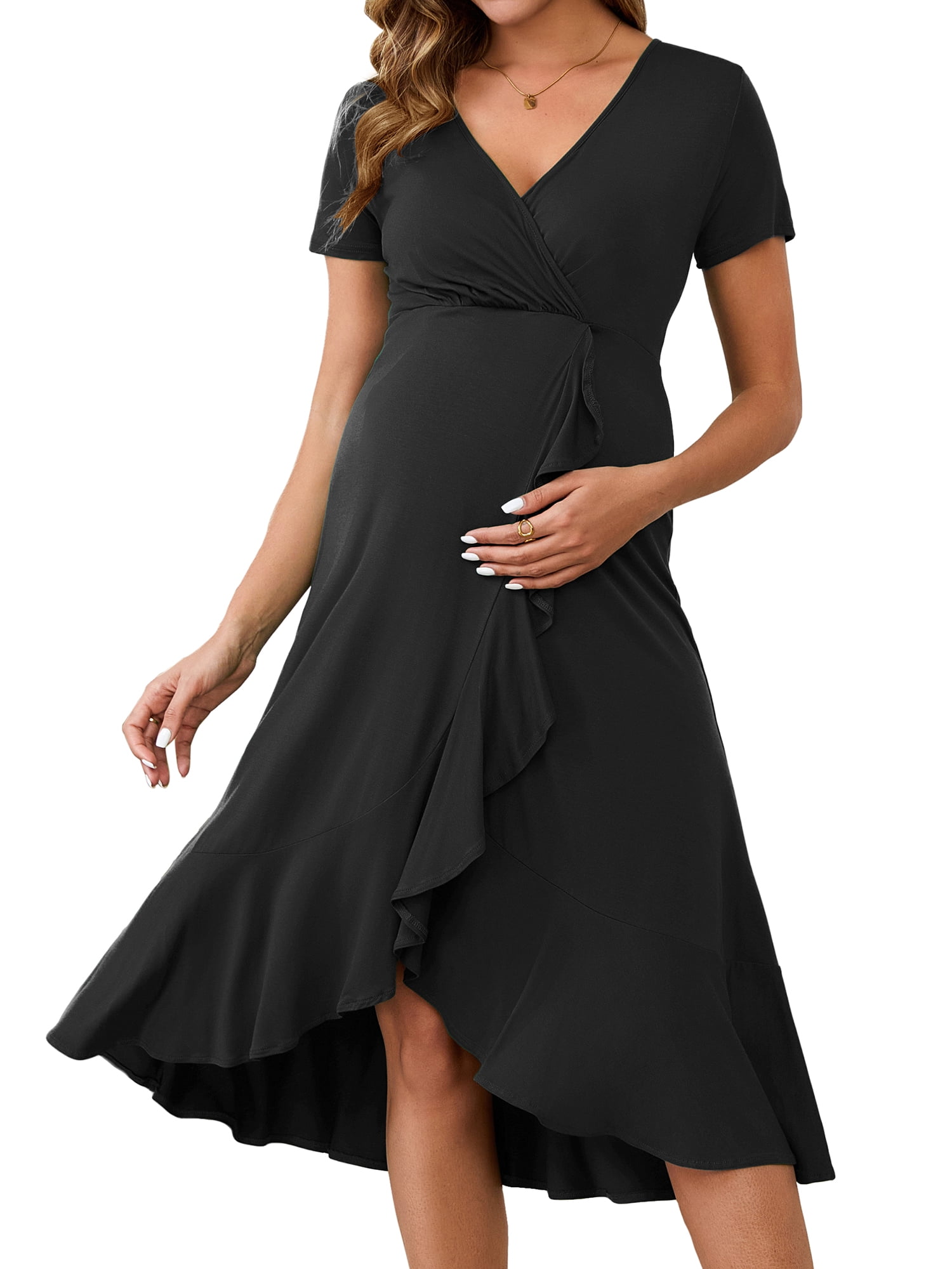 DARING DIVA Women's Semi Formal Wrap V Neck Ruffle Maternity Dress XL Black