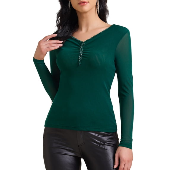 DARING DIVA Women's Semi Sheer Long Sleeve Ruched V Neck Sequin Panel Top S Green