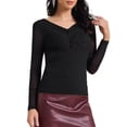 thumbnail image 1 of DARING DIVA Women's Semi Sheer Long Sleeve Ruched V Neck Sequin Panel Top XL Black, 1 of 6