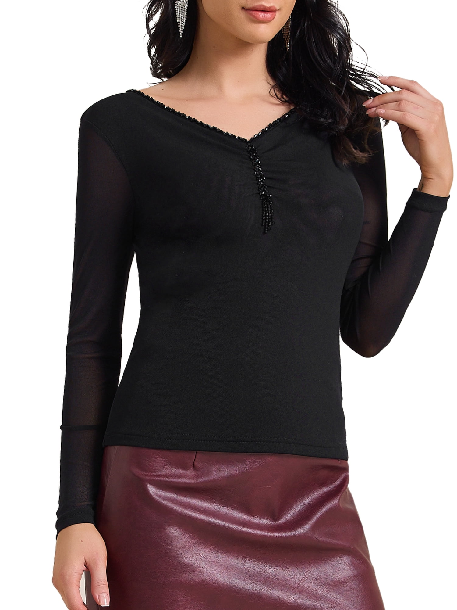 DARING DIVA Women's Semi Sheer Long Sleeve Ruched V Neck Sequin Panel Top XS Black