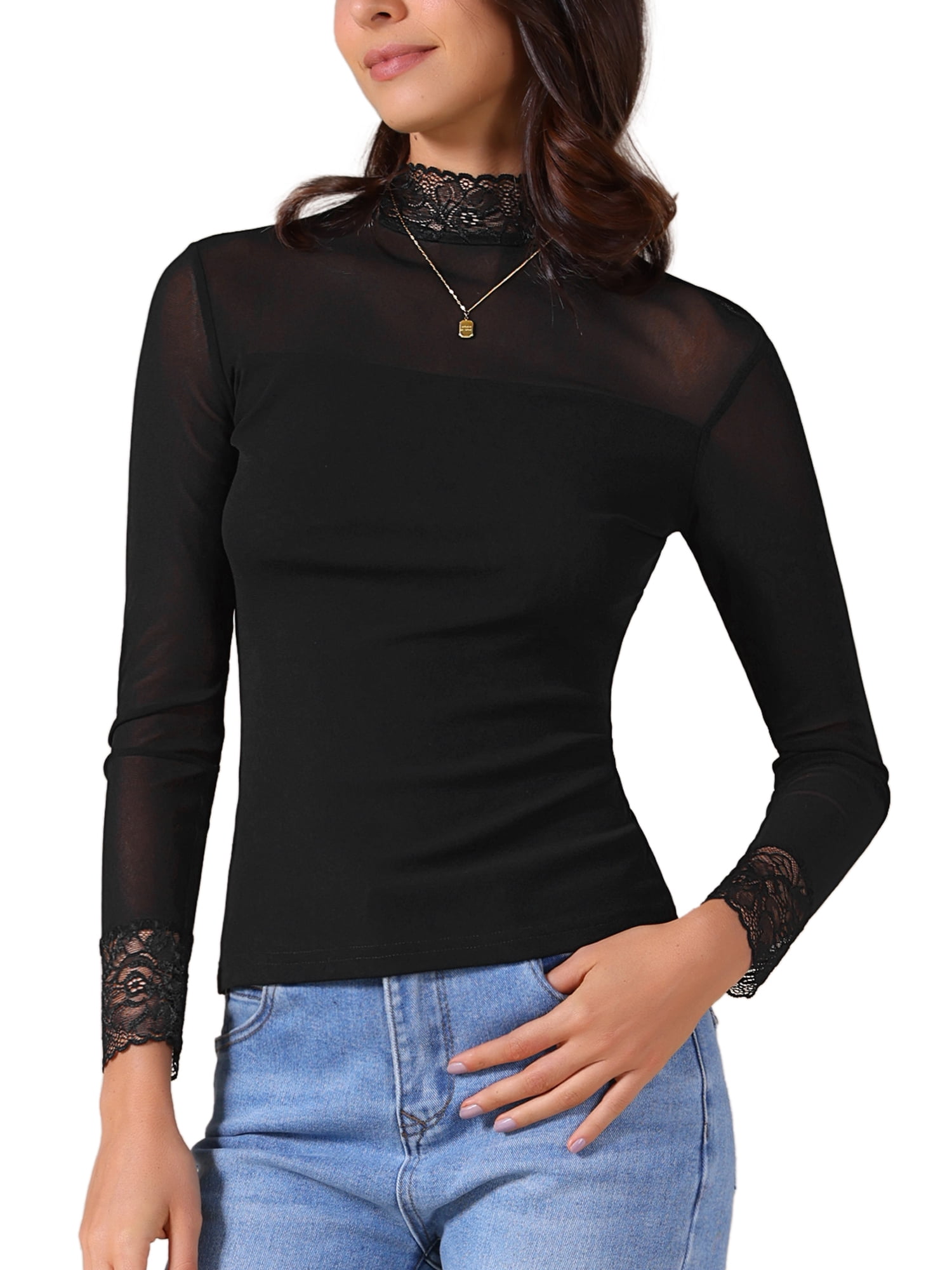 DARING DIVA Women's Semi Sheer Mesh Lace Trim Mock Neck Blouse XS Black