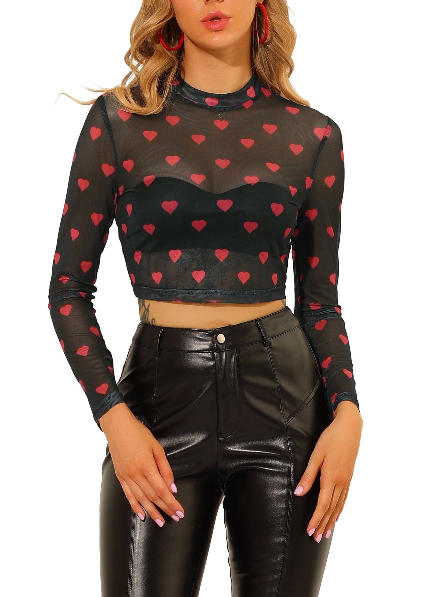 DARING DIVA Women's Semi-Sheer Sexy Crop Top Party Mesh Blouse M Black
