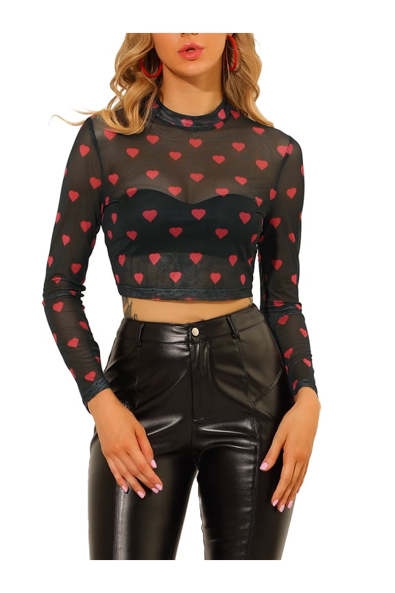 Women's Semi-Sheer Sexy Crop Top Party Mesh Blouse S Black