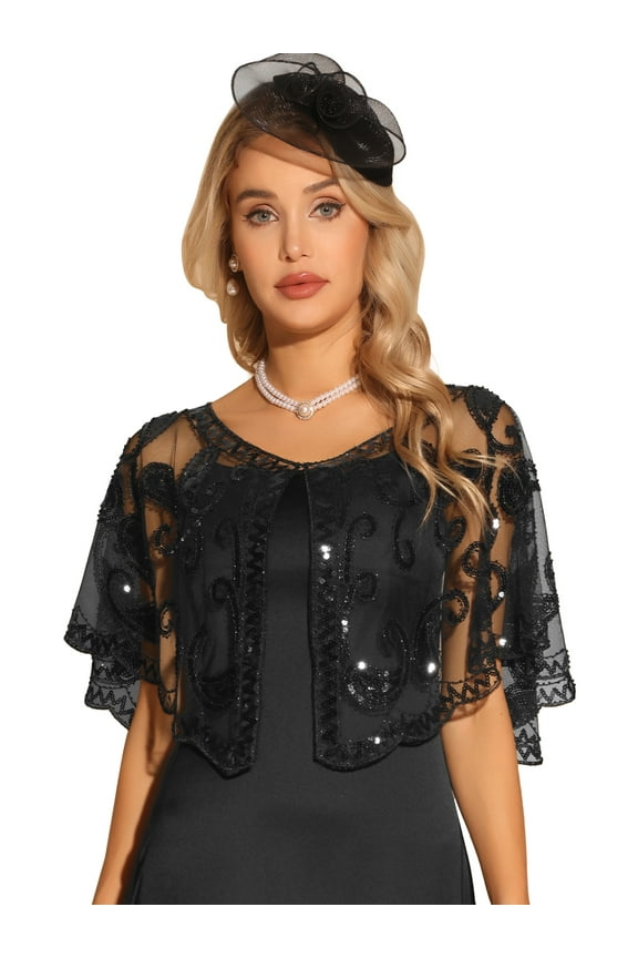 Women's Sequin Beaded Shawl Wraps Cape Bridal Shrugs Boleros M Black
