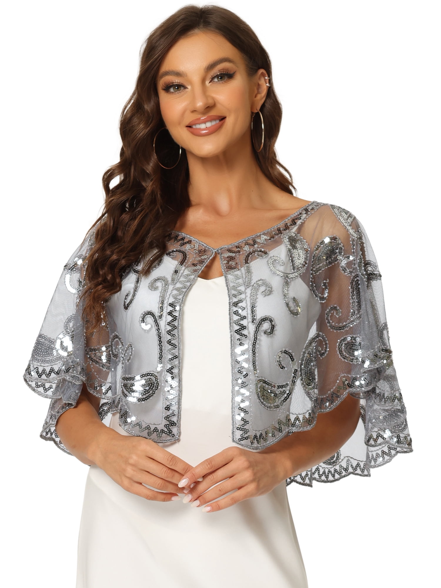 DARING DIVA  Women's Sequin Beaded Shawl Wraps Cape Bridal Shrugs Boleros M Gray