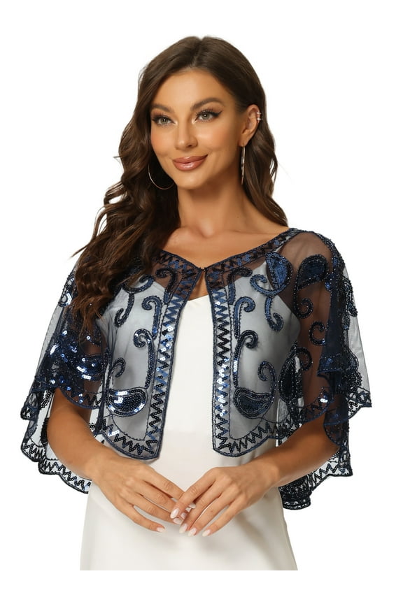 Women's Sequin Beaded Shawl Wraps Cape Bridal Shrugs Boleros M Navy Blue