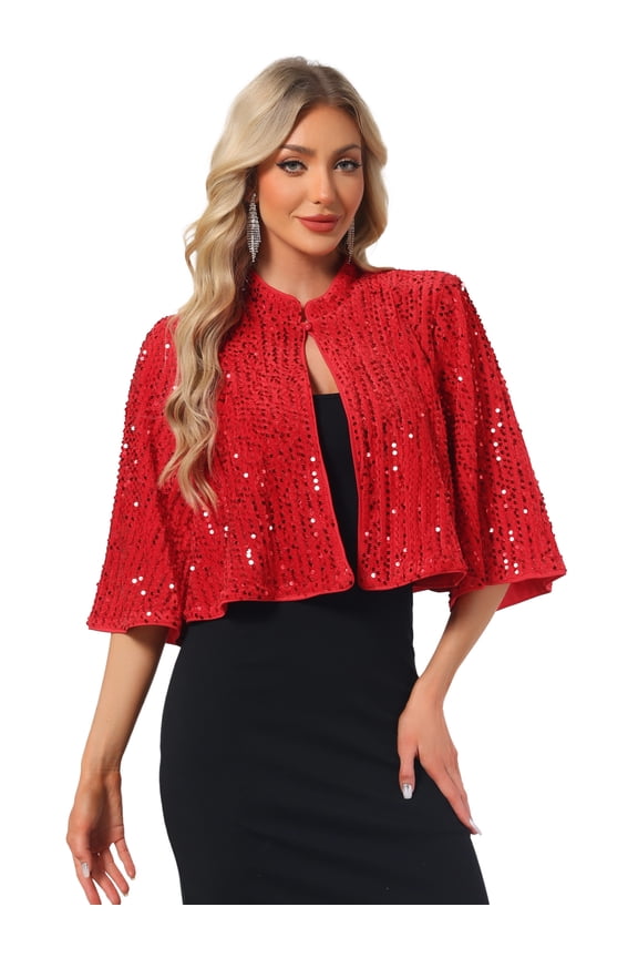 Women's Sequin Jackets Velvet Capelet Cocktail Sprakly Bolero Shrugs L Red