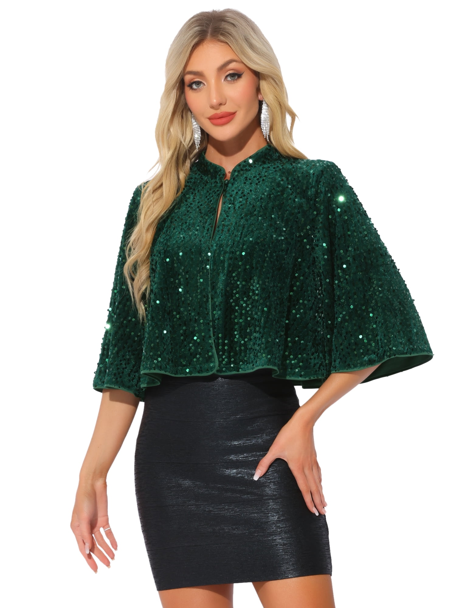 DARING DIVA Women's Sequin Jackets Velvet Capelet Cocktail Sprakly Bolero Shrugs M Dark Green