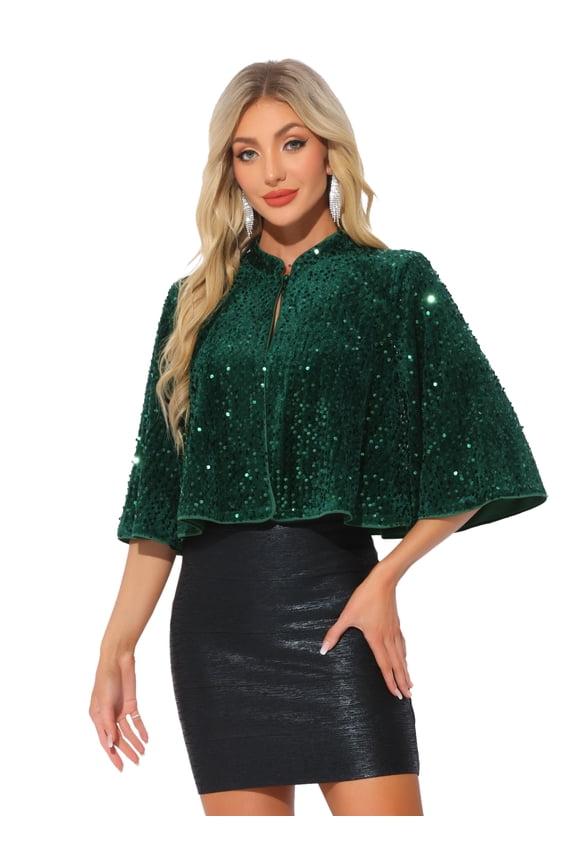 Women's Sequin Jackets Velvet Capelet Cocktail Sprakly Bolero Shrugs M Dark Green