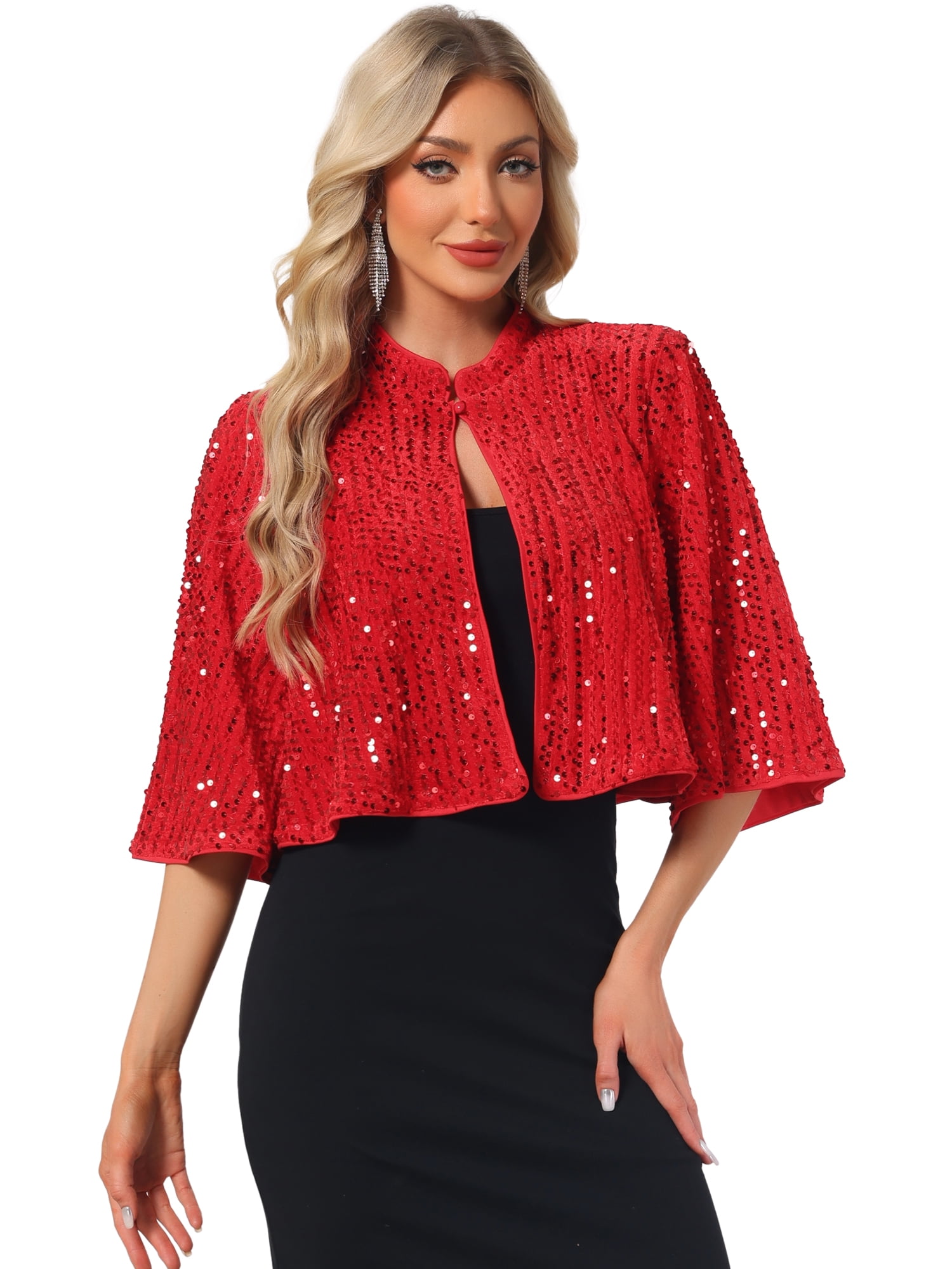 DARING DIVA Women's Sequin Jackets Velvet Capelet Cocktail Sprakly Bolero Shrugs XS Red