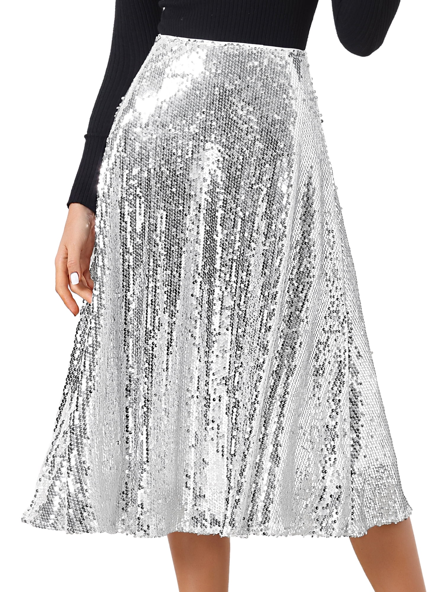 DARING DIVA Women's Sequin Midi Skirt Cocktail Party Skirts XS Silver
