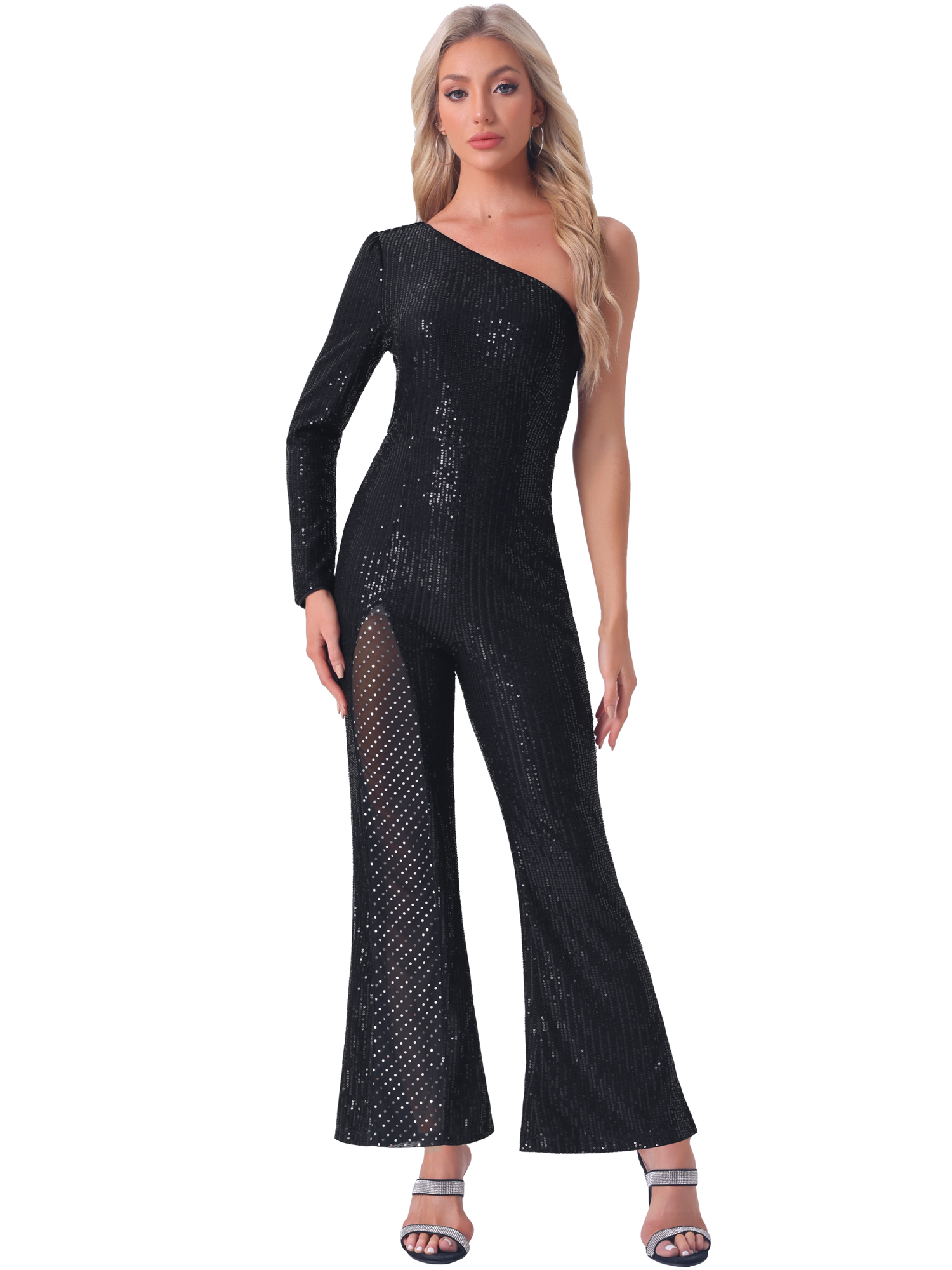 DARING DIVA Women's Sequin One Shoulder Wide Leg Party Jumpsuit L Black