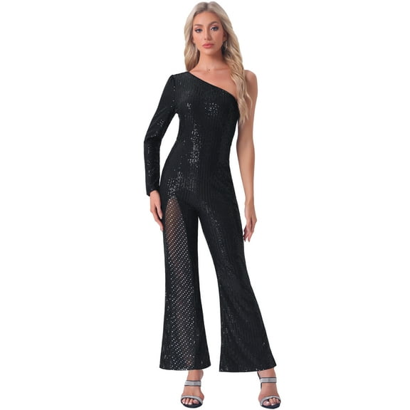 DARING DIVA Women's Sequin One Shoulder Wide Leg Party Jumpsuit L Black