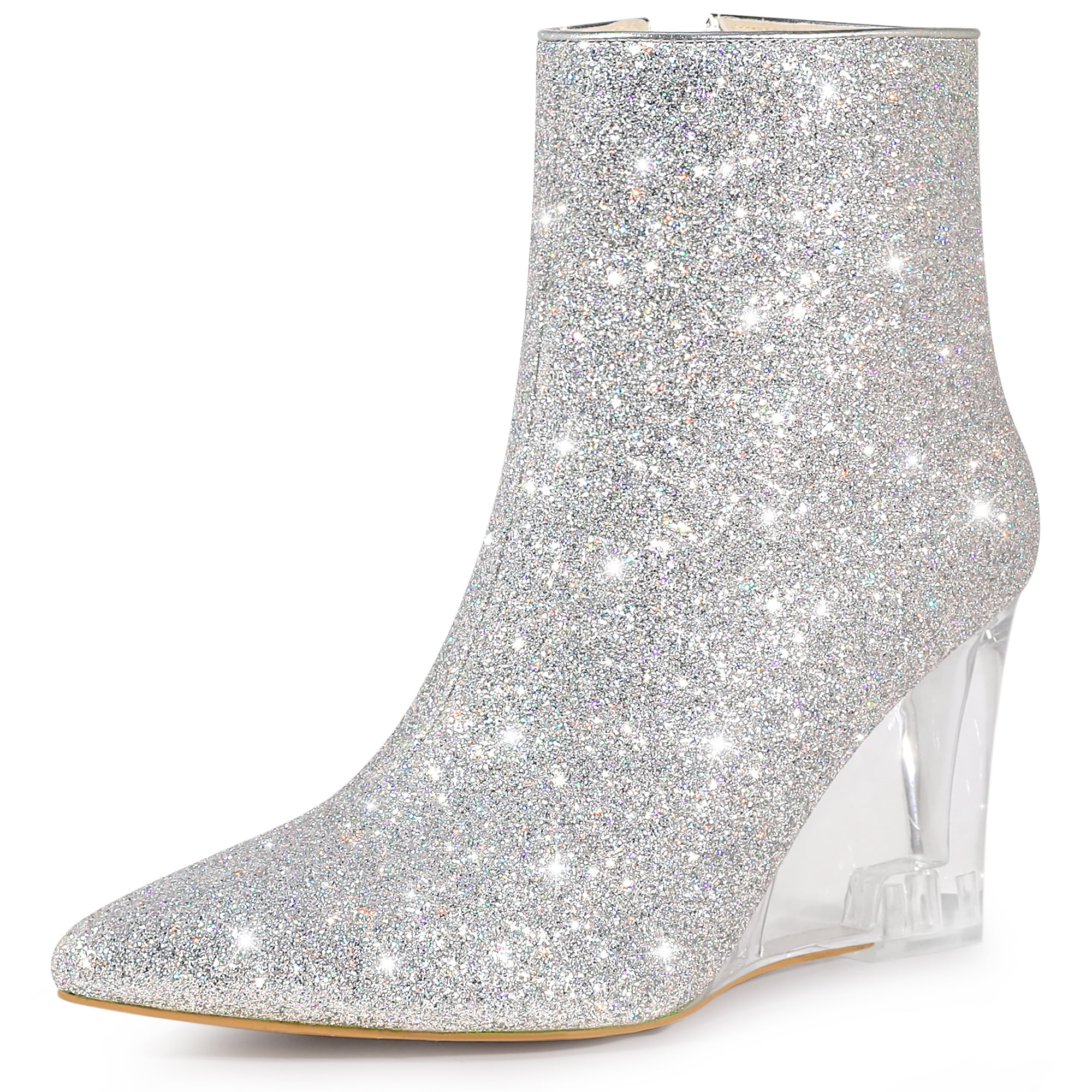 DARING DIVA Women's Sequin Pointed Toe Clear Wedge Heels Ankle Boots Silver US 8