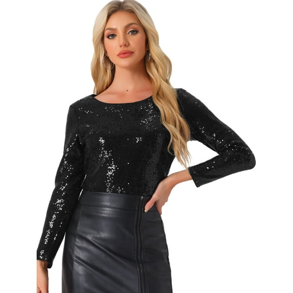 DARING DIVA Women's Sequin Round Neck Party Sparkly Tops L Black