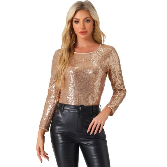 DARING DIVA Women's Sequin Round Neck Party Sparkly Tops XS Gold