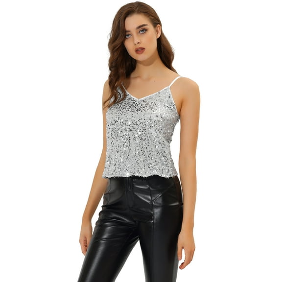DARING DIVA Women's Sequin Sparkle Glitter Crop Cami Top L Silver White