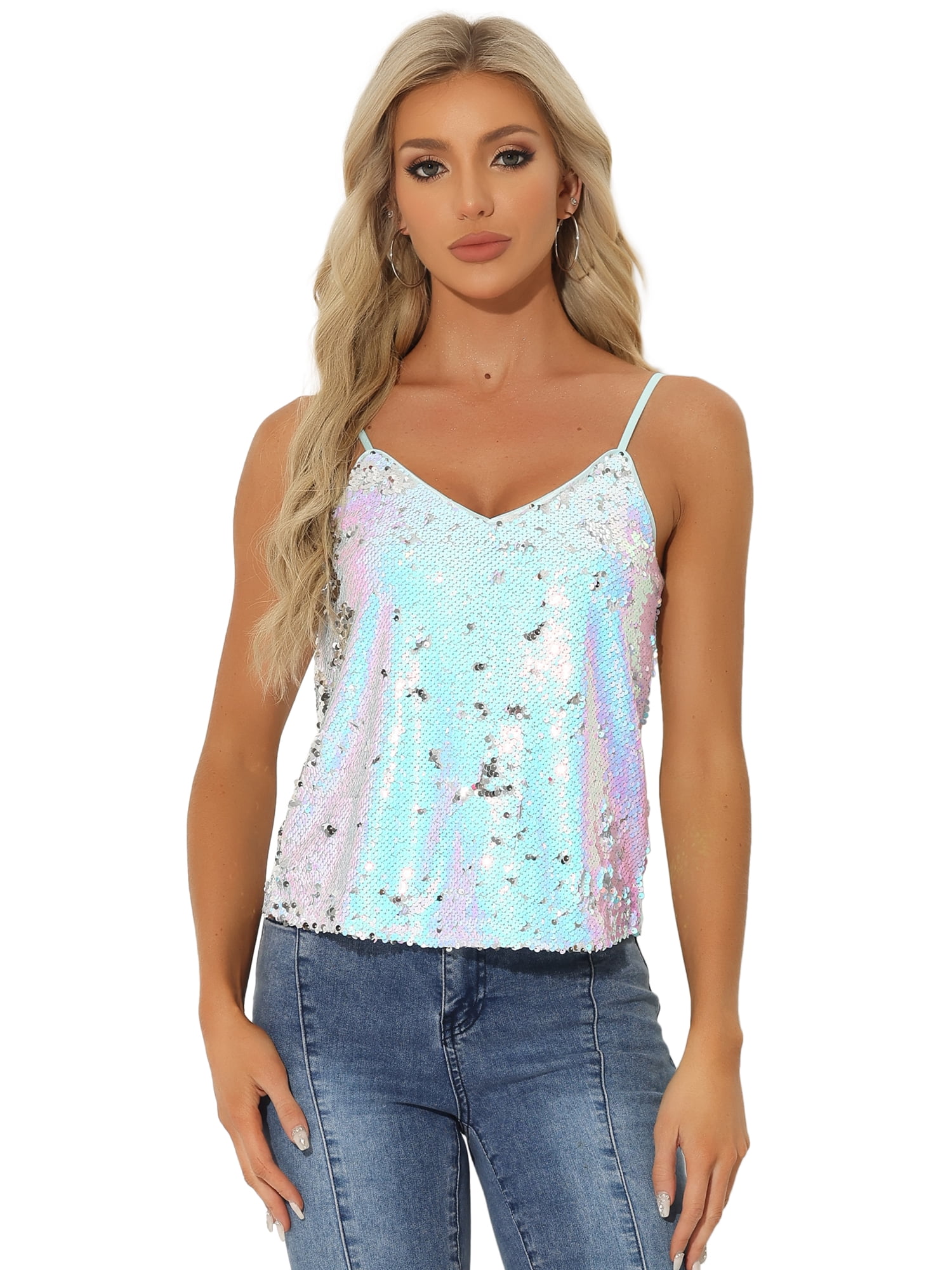 DARING DIVA Women's Sequin Sparkle Glitter Crop Cami Top S Light Blue