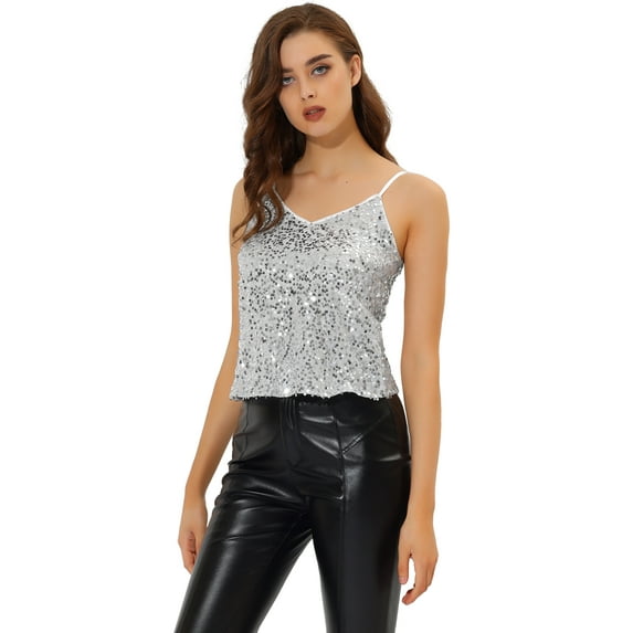 DARING DIVA Women's Sequin Sparkle Glitter Crop Cami Top S Silver White