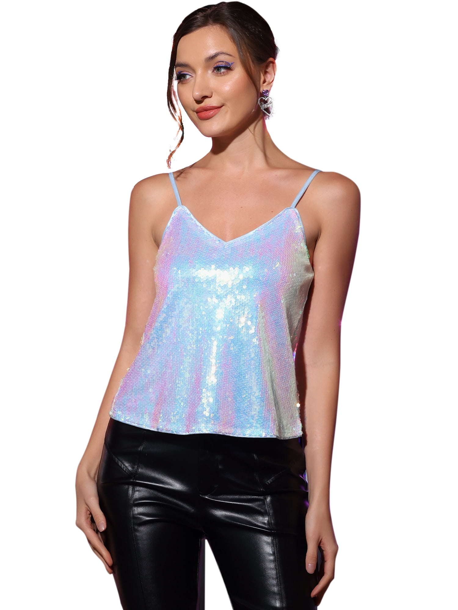DARING DIVA Women's Sequin Sparkle Glitter Crop Cami Top XL Holographic
