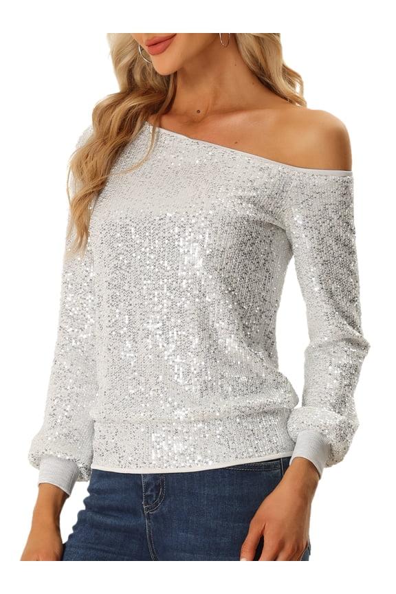 Women's Sequin Top Off-Shoulder Long Sleeve Tops L Silver