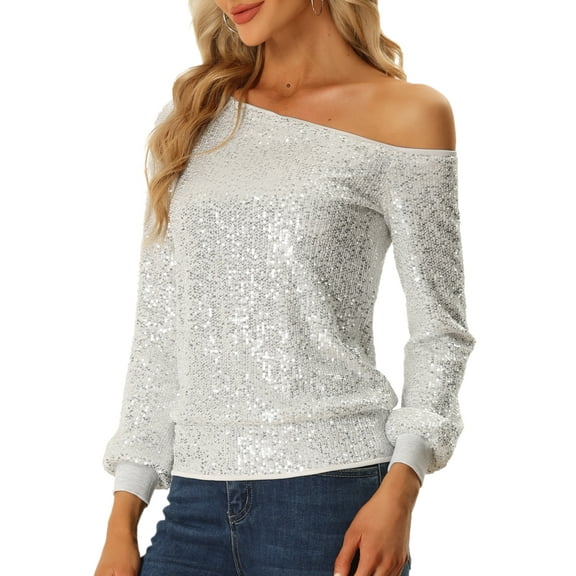 DARING DIVA Women's Sequin Top Off-Shoulder Long Sleeve Tops S Silver