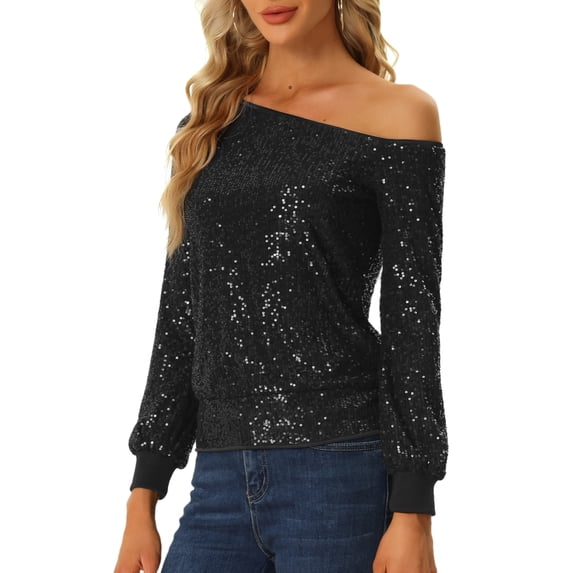 DARING DIVA Women's Sequin Top Off-Shoulder Long Sleeve Tops XS Black