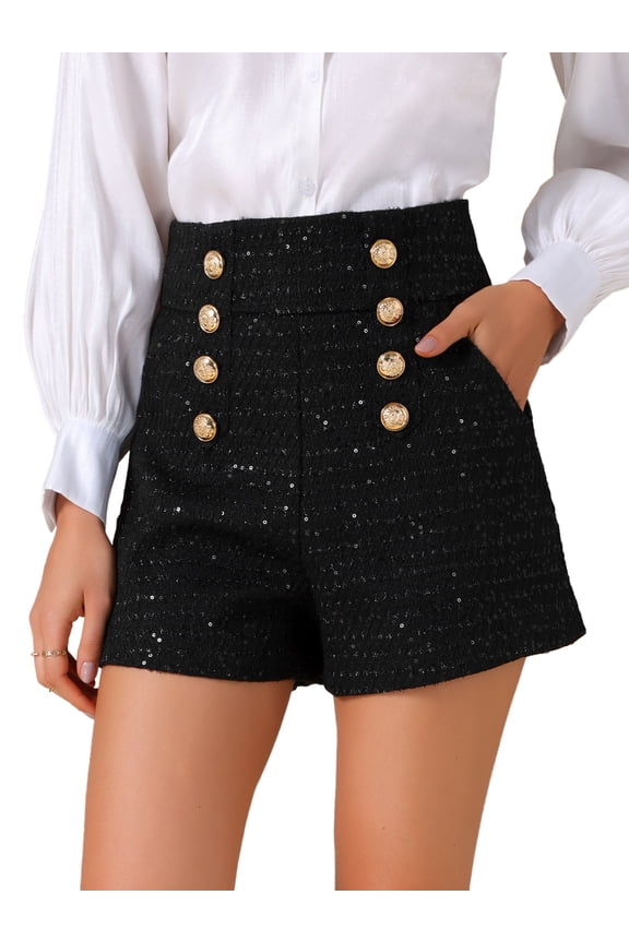 Women's Sequin Tweed High Waist Wide Legs Short Pants Medium Black