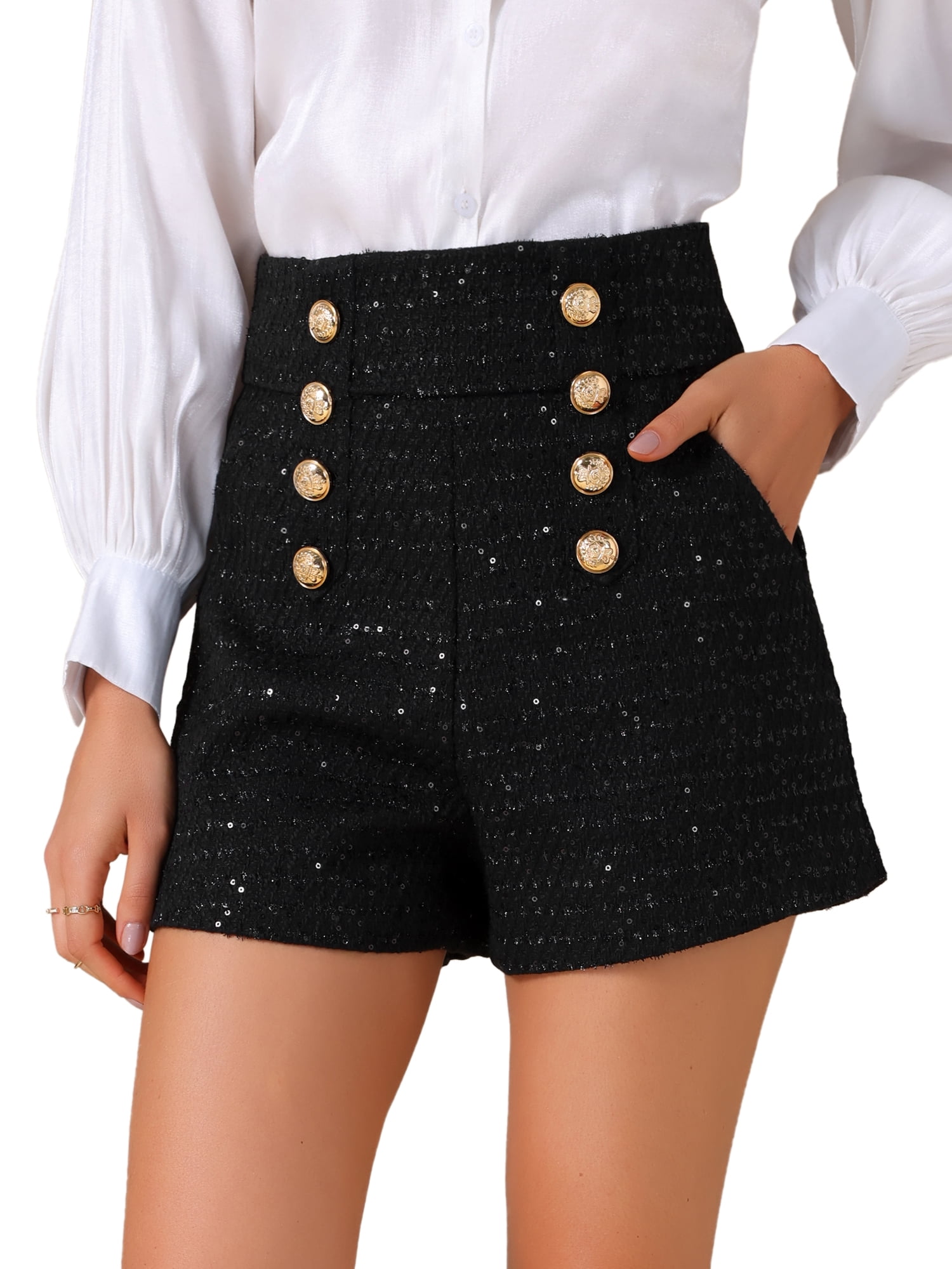 DARING DIVA Women's Sequin Tweed High Waist Wide Legs Short Pants Small Black