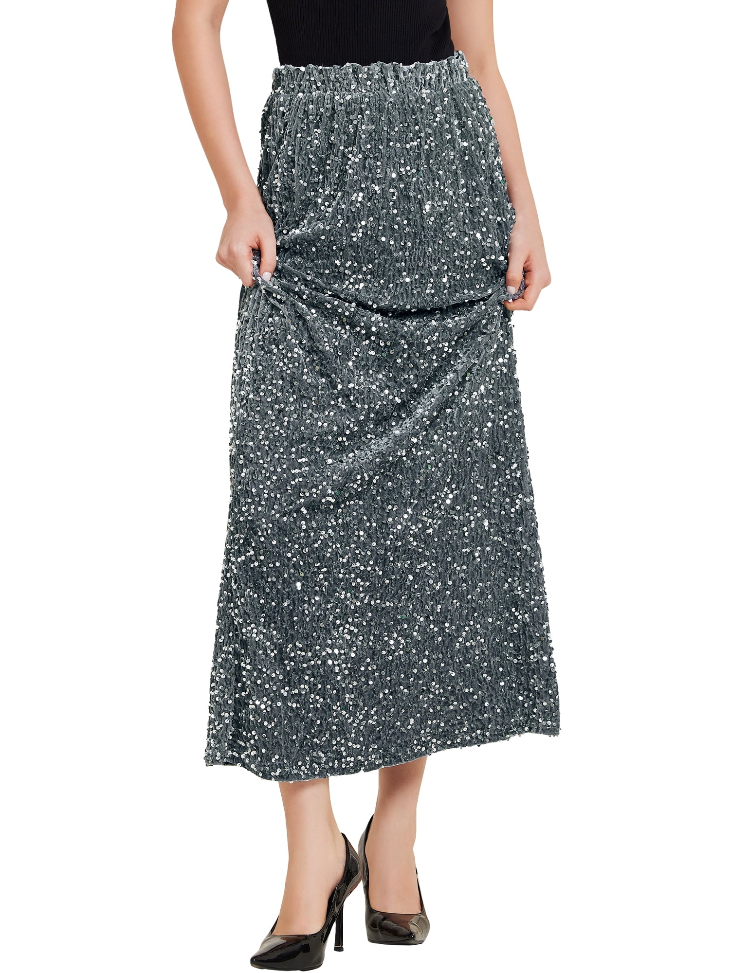 DARING DIVA Women's Sequin Velvet Skirt Sparkle Party Maxi Skirt XL Dark Gray