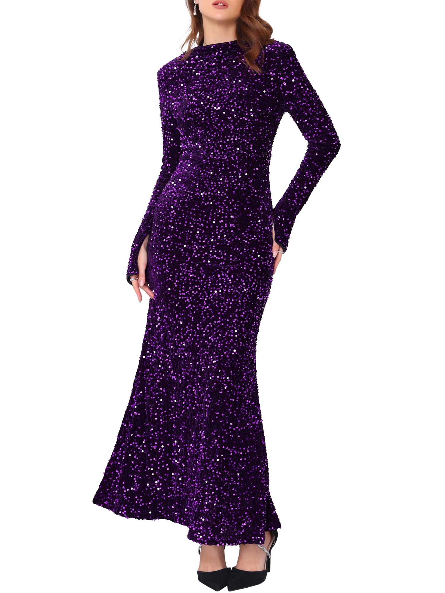 DARING DIVA Women's Sequined Velvet Crewneck Long Sleeve Bodycon Dress M Purple